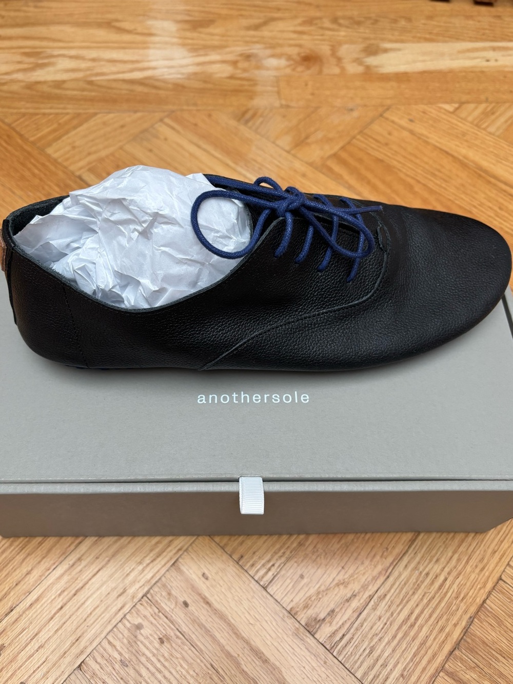 Anothersole Black Leather women’s Luisa ll Shoes with Navy Laces & sole. size 41